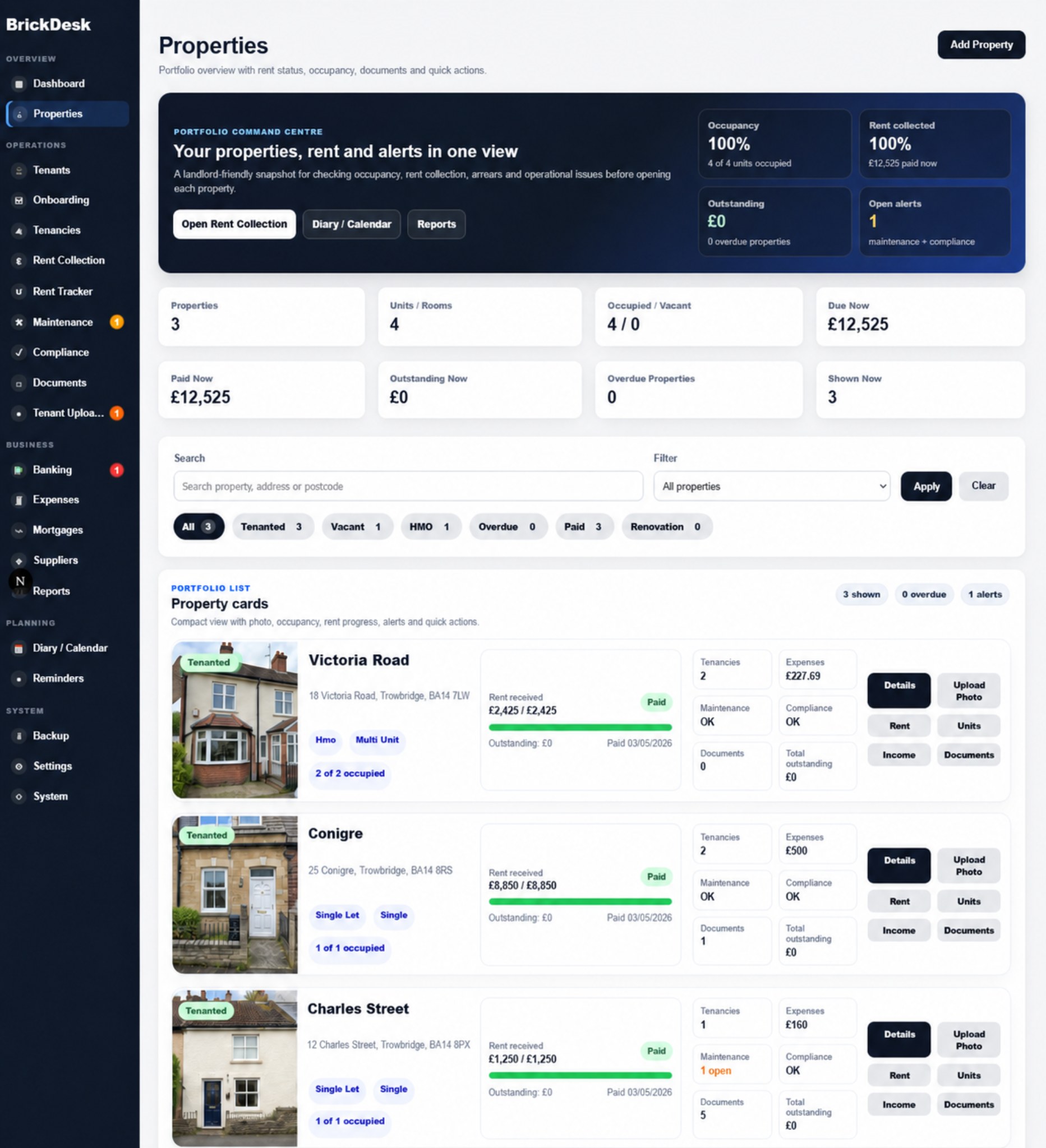 BrickDesk properties portfolio view