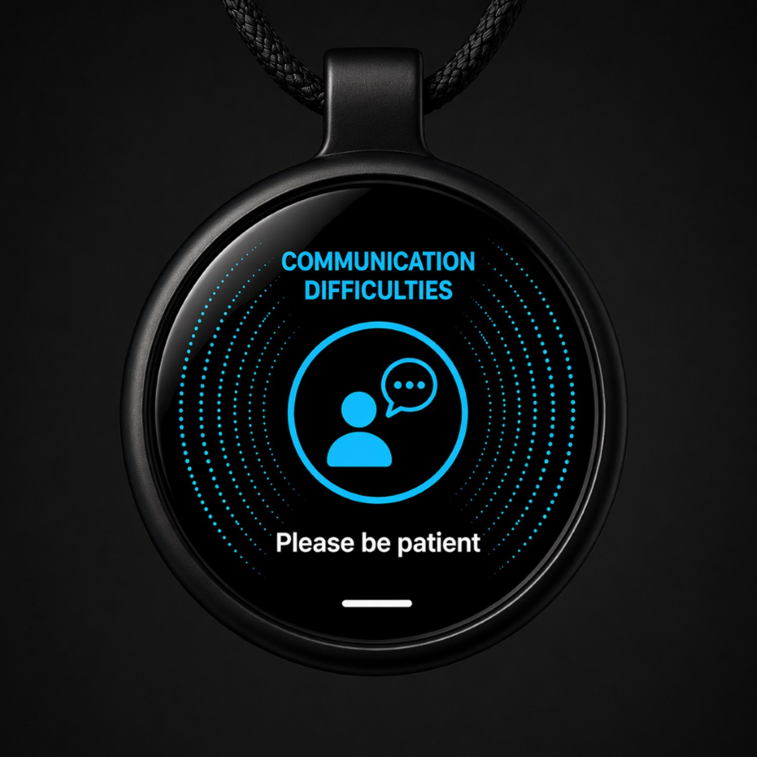 HelpBadge wearable showing communication difficulties message