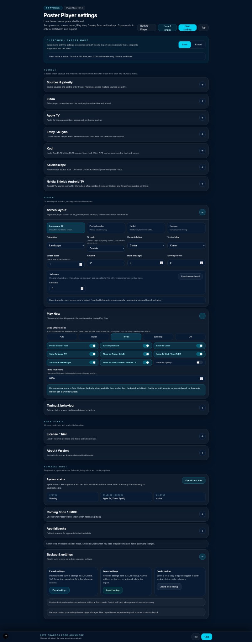 Poster Player settings screen
